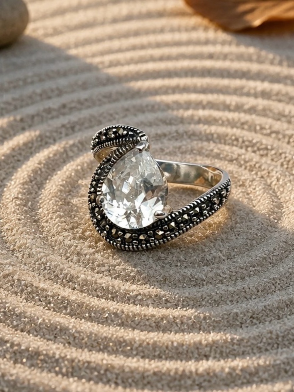 NEW! Crystal Quartz & Marcasite Ring